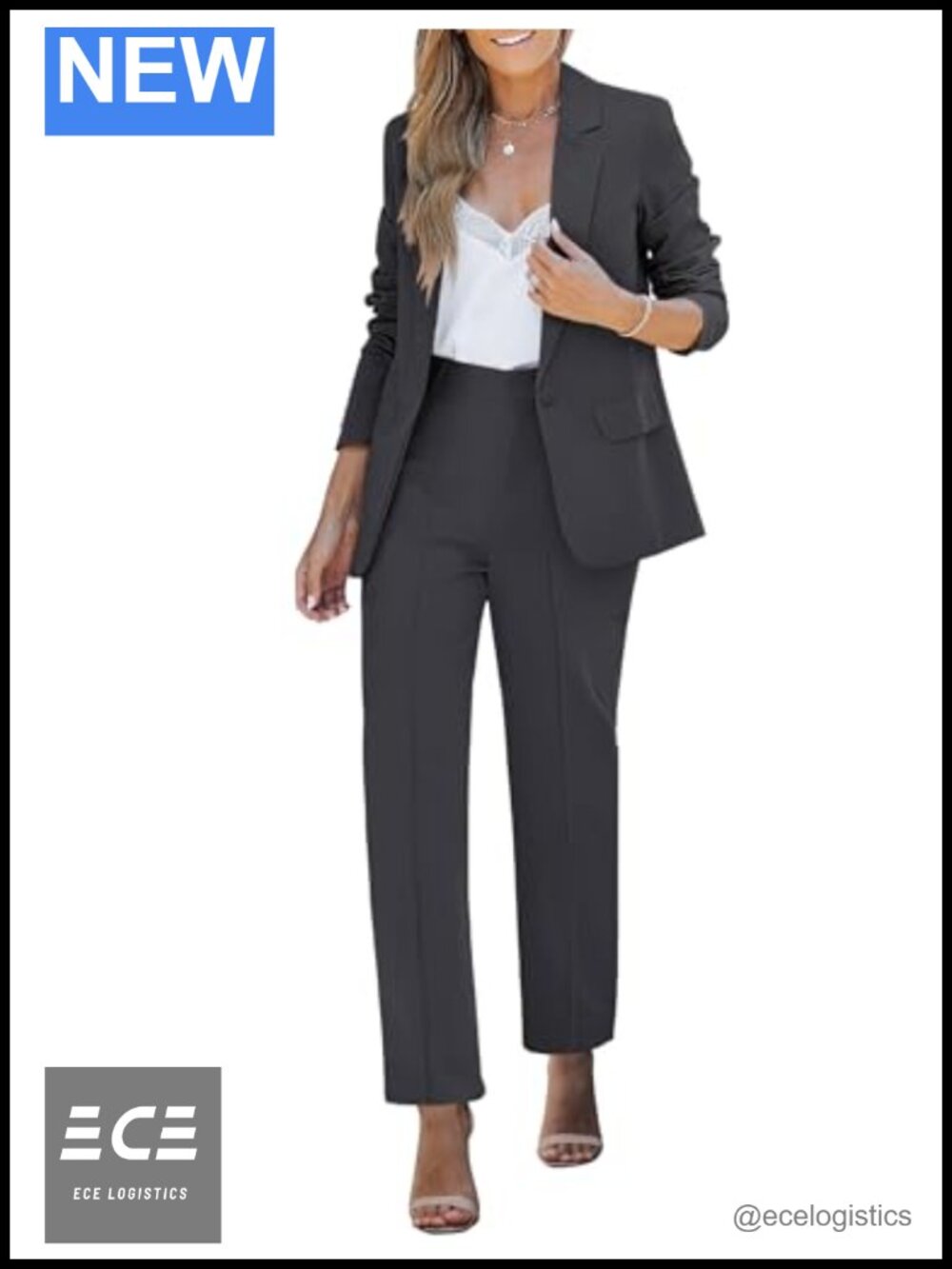 Women's Two Piece Pantsuit Set Long Sleeve Blazer Straight Leg Pants Business
